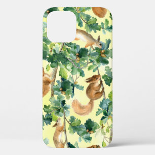 Watercolor squirrels, oak seamless pattern. iPhone 12 case