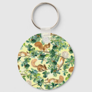 Watercolor squirrels, oak seamless pattern. key ring