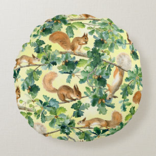 Watercolor squirrels, oak seamless pattern. round cushion