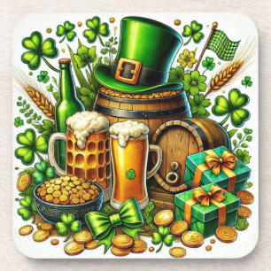 Watercolor St Patrick's Day Beer, Coins & Shamrock Coaster