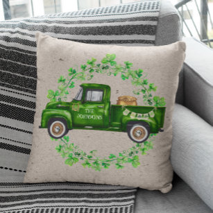 Watercolor St. Patrick's Day Green Truck Clover  Cushion
