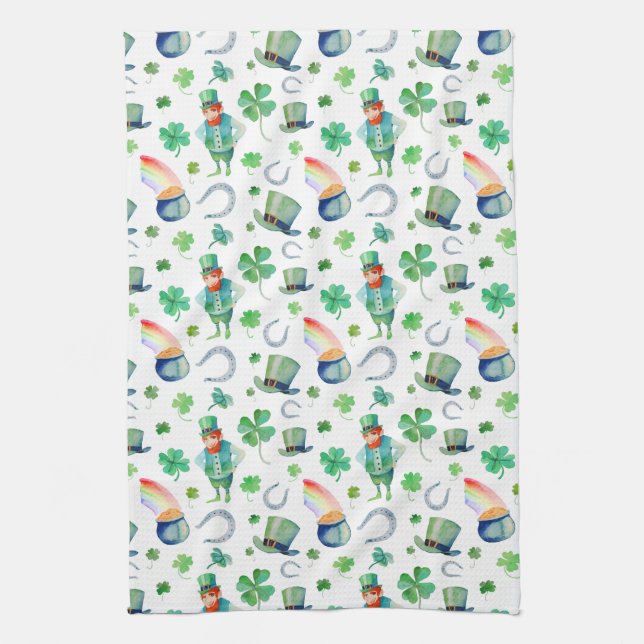 Watercolor St. Patrick's Day Pattern Tea Towel (Vertical)