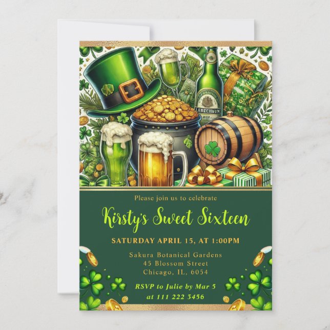Watercolor St Patrick's Day Sweet Sixteen Invitation (Front)