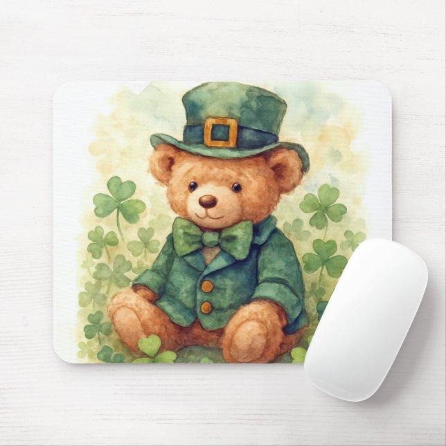 Watercolor St. Patrick's Day Teddy Bear Mouse Pad (With Mouse)