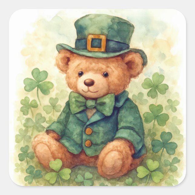 Watercolor St. Patrick's Day Teddy Bear Square Sticker (Front)