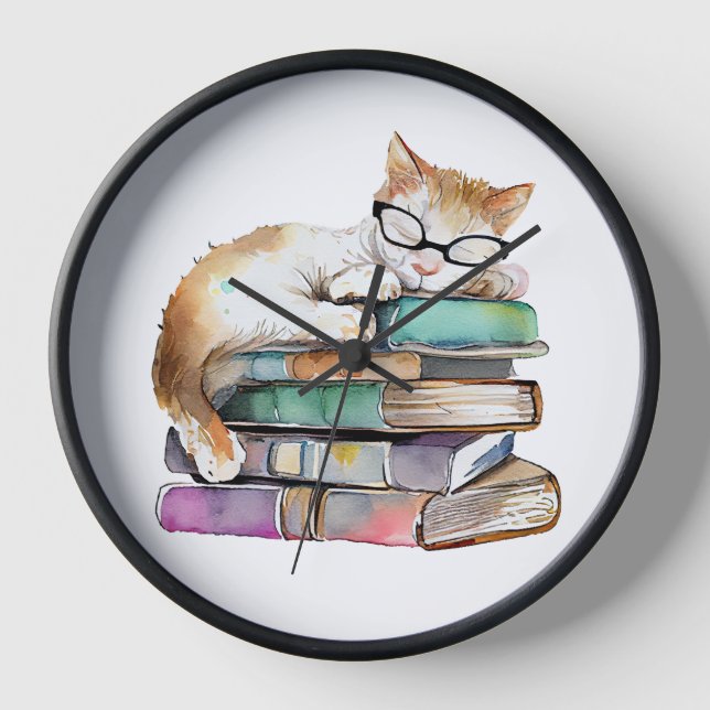 WATERCOLOR STACK OF BOOK WITH CUTE SLEEPING CAT CLOCK (Front)