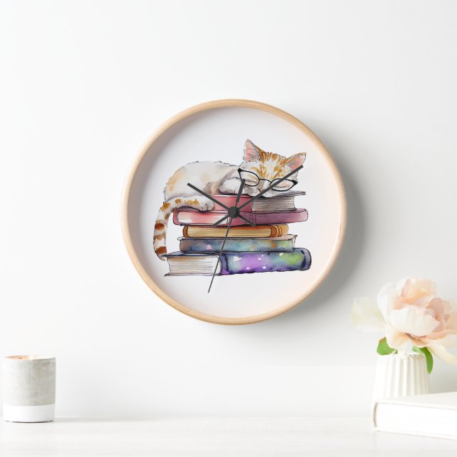 WATERCOLOR STACK OF BOOK WITH CUTE SLEEPING CAT CLOCK (Home)