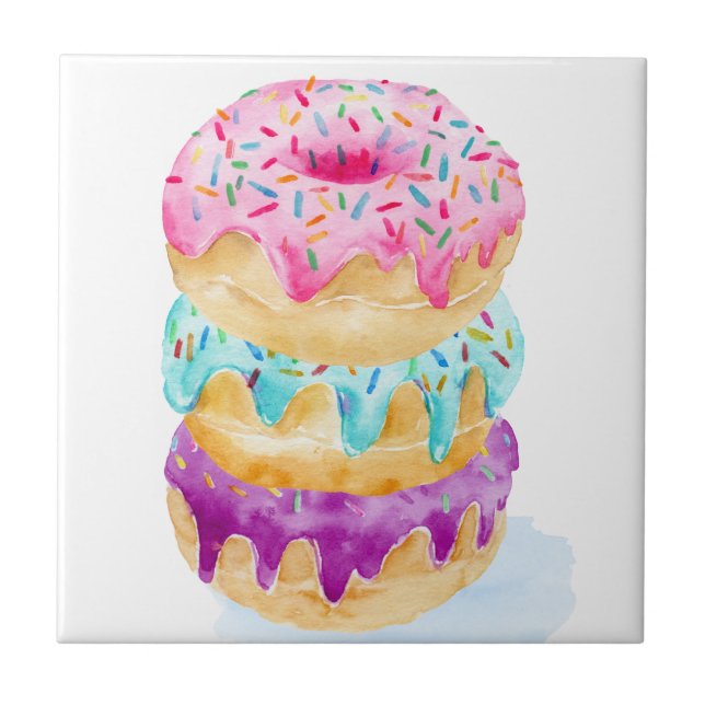 Watercolor stack of doughnuts ceramic tile (Front)