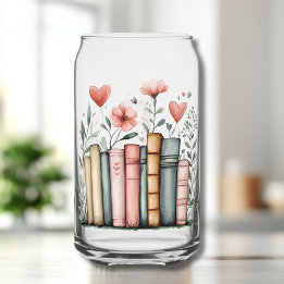 Watercolor Stacked Books with Name Can Glass