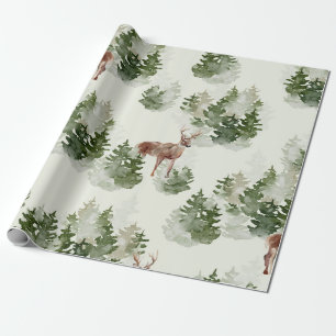 Watercolor Stag and Misty Pine Forest Wrapping Paper