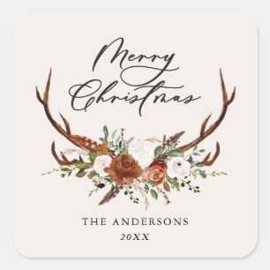 watercolor stag floral merry christmas square sticker