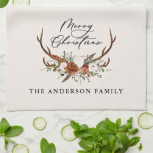 watercolor stag floral merry christmas tea towel