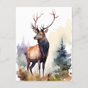 Watercolor Stag with Majestic Antlers in the Fores Postcard
