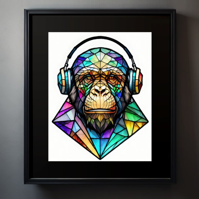 Watercolor Stained Glass Chimp Wearing Headphones Poster (Creator Uploaded)