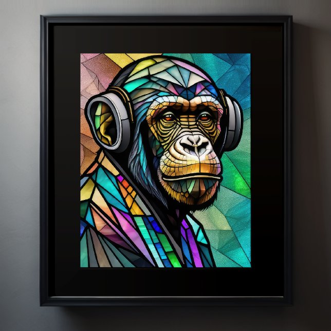 Watercolor Stained Glass Chimp Wearing Headphones Poster (Creator Uploaded)