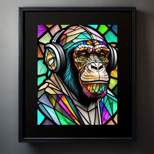 Watercolor Stained Glass Chimp Wearing Headphones Poster (Creator Uploaded)