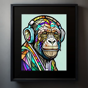 Watercolor Stained Glass Chimp Wearing Headphones Poster
