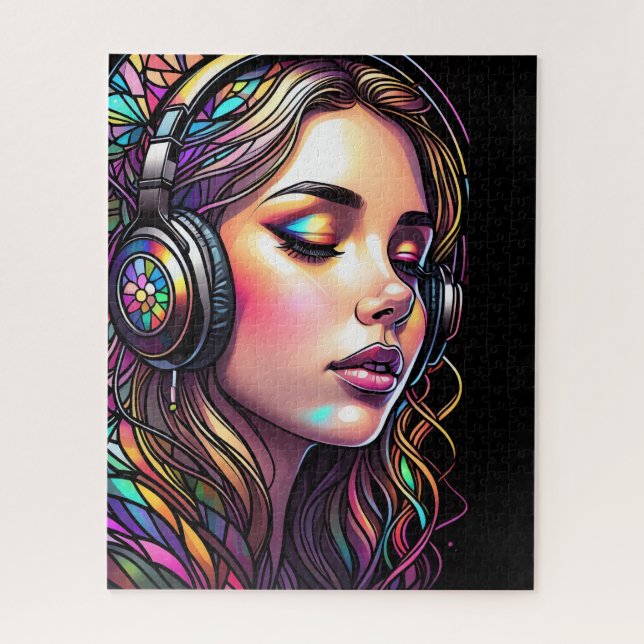 Watercolor Stained Glass Girl Wearing Headphones Jigsaw Puzzle (Vertical)