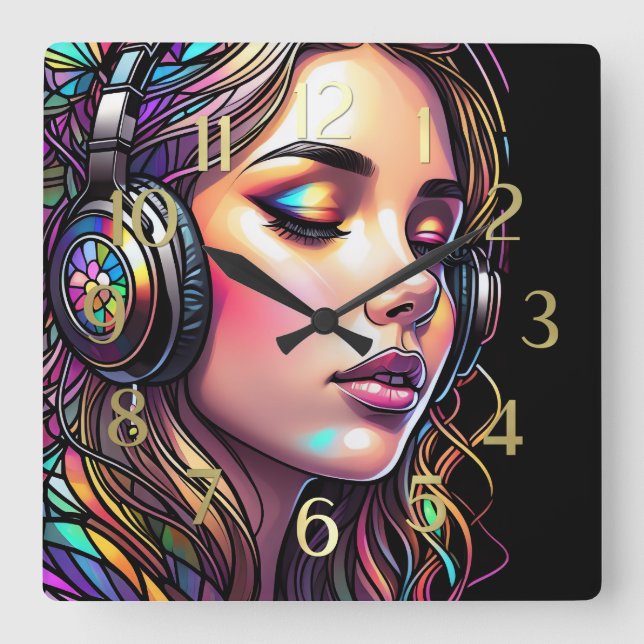 Watercolor Stained Glass Girl Wearing Headphones Square Wall Clock (Front)