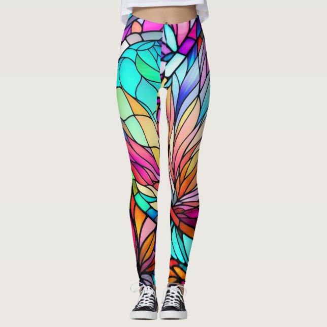 Watercolor Stained Glass Style Abstract Geometric Leggings (Front)