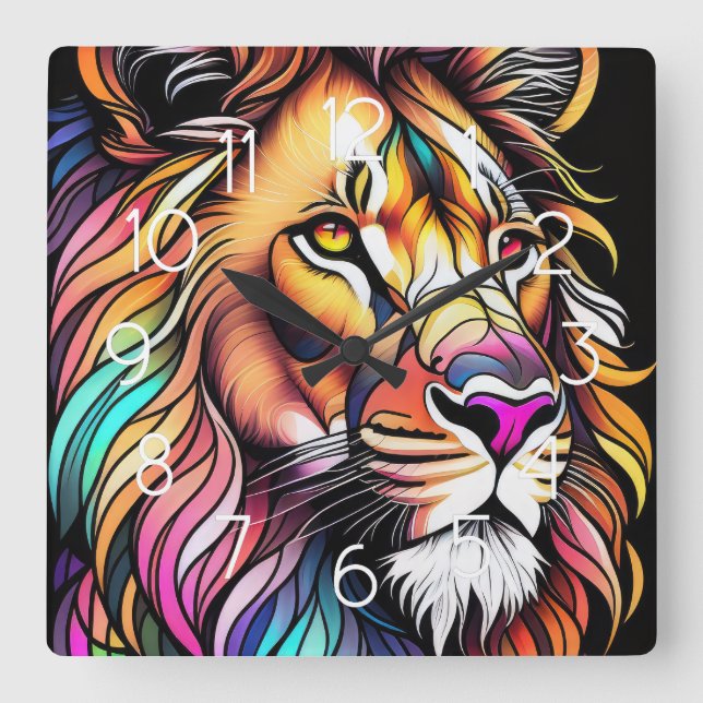 Watercolor Stained Glass Style Lion Square Wall Clock (Front)