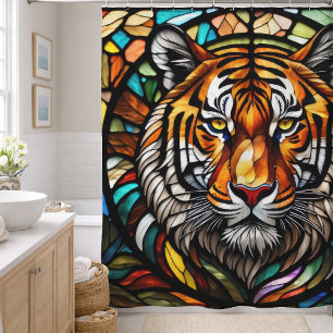Watercolor Stained Glass Style Tiger Shower Curtain
