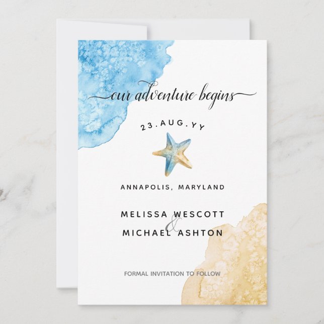 Watercolor Starfish Beach Modern Coastal Wedding Save The Date (Front)