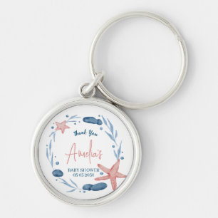 Watercolor Starfish Blue Coral Reef Baby Shower Key Ring