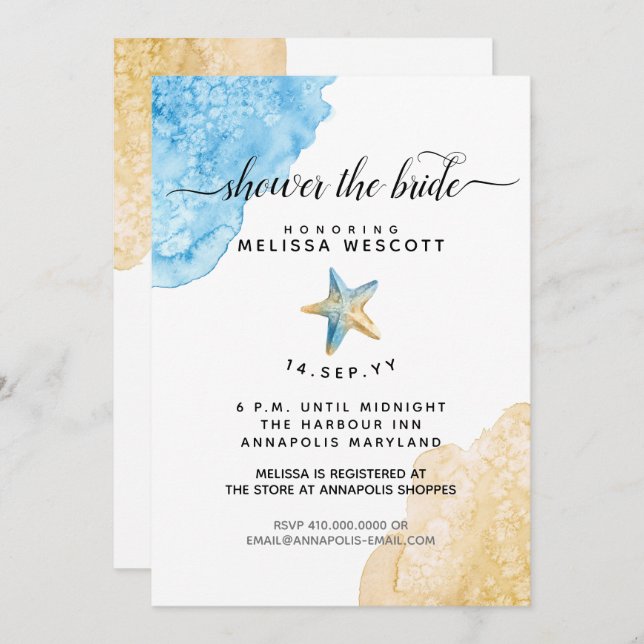 Watercolor Starfish Coastal Beach Bridal Shower Invitation (Front/Back)