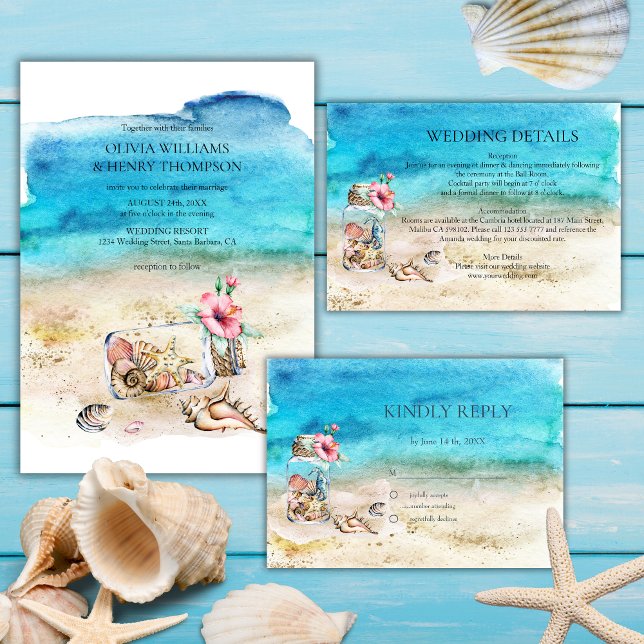 Watercolor Starfish & Seashells Beach Wedding Invitation (Creator Uploaded)