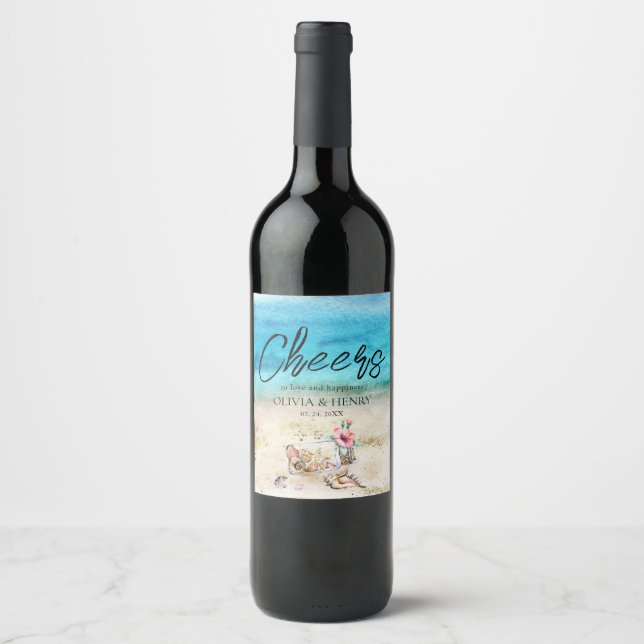 Watercolor Starfish & Seashells Beach Wedding Wine Label (Front)