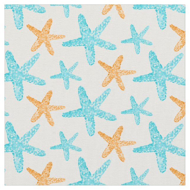 Watercolor Starfish Teal Orange Pattern Fabric (Close Up)