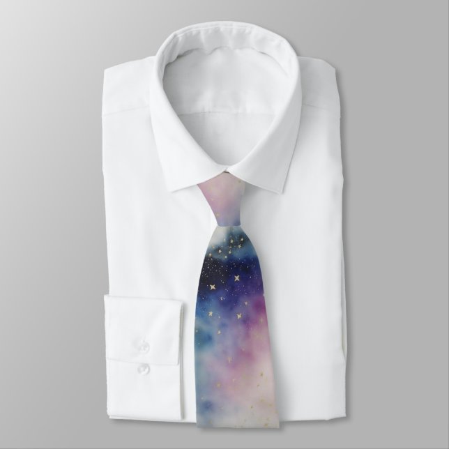 Watercolor Starry Sky on a Cloudy Night Tie (Tied)
