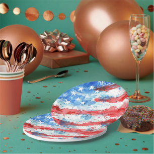 Watercolor Stars and Stripes Flag Patriotic Paper Plate