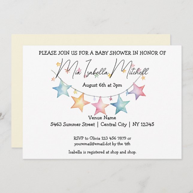 Watercolor Stars Baby Shower Invitation (Front/Back)