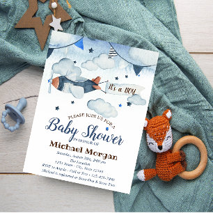 Watercolor Stars,Clouds,Aeroplane Baby Shower Invitation