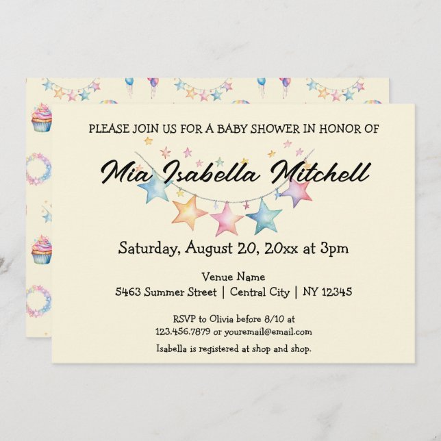 Watercolor Stars Cute Baby Shower Invitation (Front/Back)