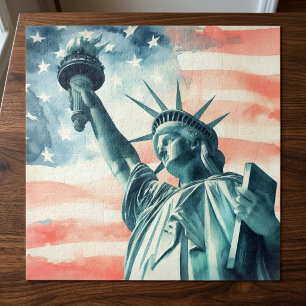 Watercolor Statue of Liberty with American flag Jigsaw Puzzle