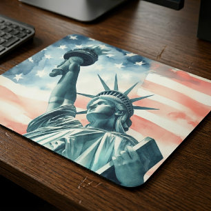 Watercolor Statue of Liberty with American flag Mouse Pad