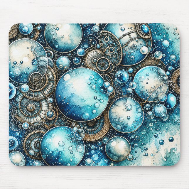 Watercolor Steampunk Bubbles & Gears Mouse Pad (Front)