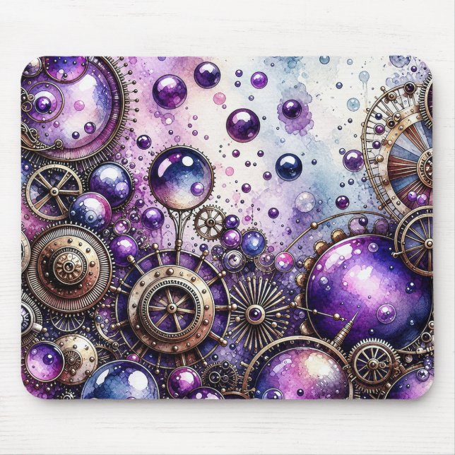 Watercolor Steampunk Bubbles & Gears Mouse Pad (Front)