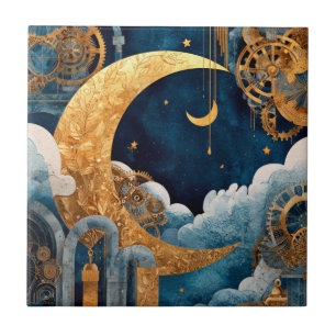 Watercolor Steampunk Moon Ceramic Tile