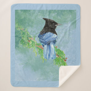 Watercolor Stellar Jay Bird Wildlife Art Sherpa Blanket