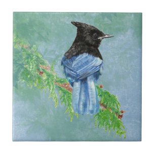 Watercolor Stellar Jay Bird Wildlife Art Tile