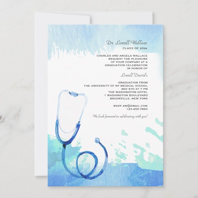 Watercolor Stethoscope Invitation (Front)