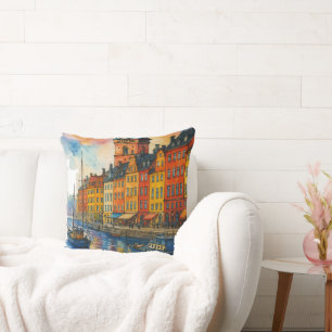 Watercolor Stockholm Sweden Old Town Gamla Stan Cushion