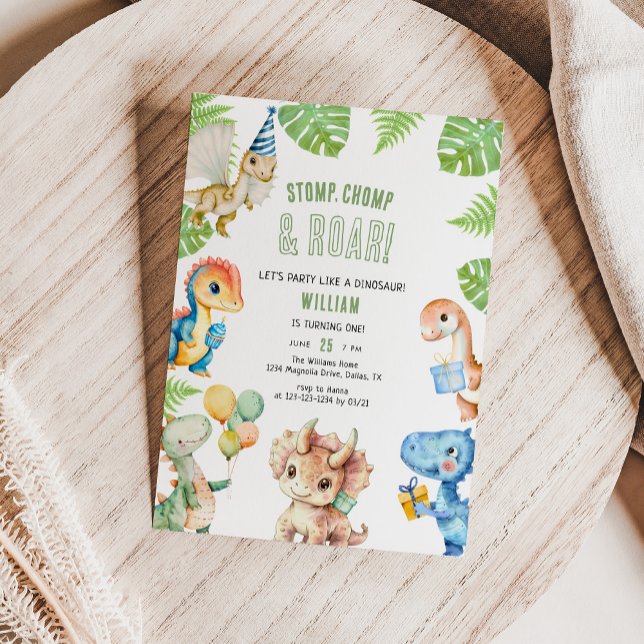 Watercolor Stomp Chomp & Roar Kids Birthday Party Invitation (Creator Uploaded)