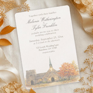 Watercolor Stone Chapel Fall Wedding Invitation