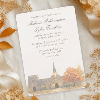 Watercolor Stone Chapel Fall Wedding Invitation