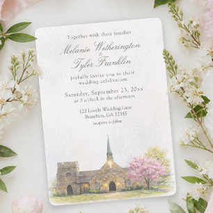 Watercolor Stone Chapel Spring Wedding Invitation